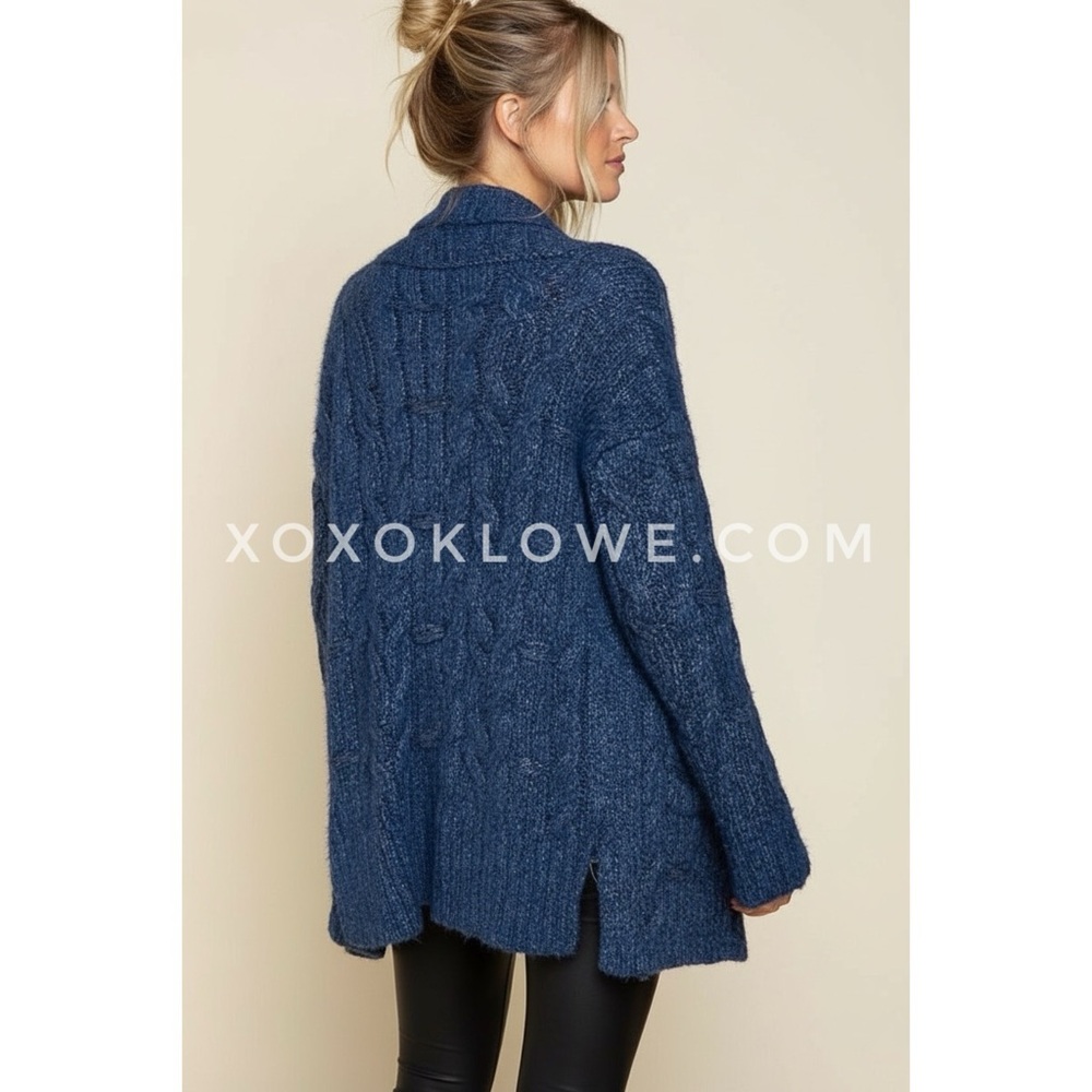 POL Ocean Blue Open Front Cable Knit Cardigan | Relaxed Fit - Picture 5 of 9